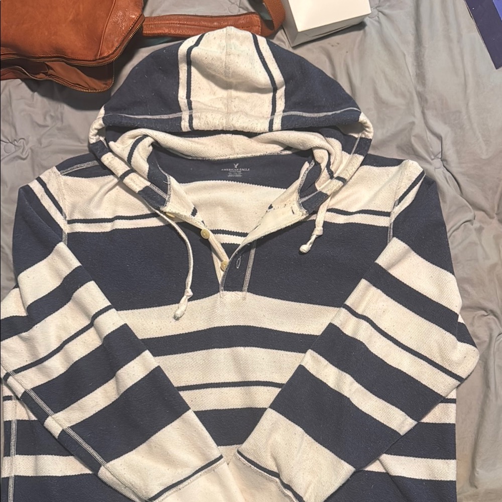 Navy and White Striped Hoodie by American Eagle